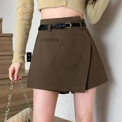 Gray Irregular Women's Skirts Shorts With Belt  Fall High Wa