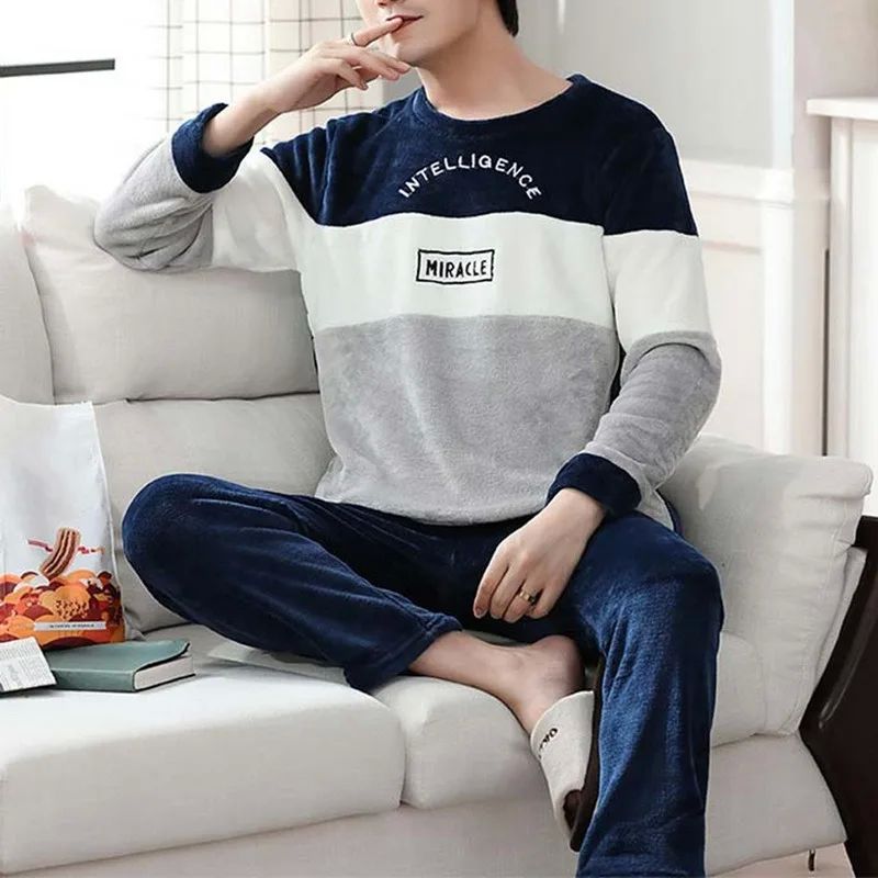 Men Winter Warm Flannel Pajama Set Long Sleeve Thick For Men