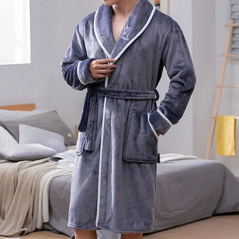 Men Flannel Bathrobe Winter Warm Casual Robe Sleepwear Long