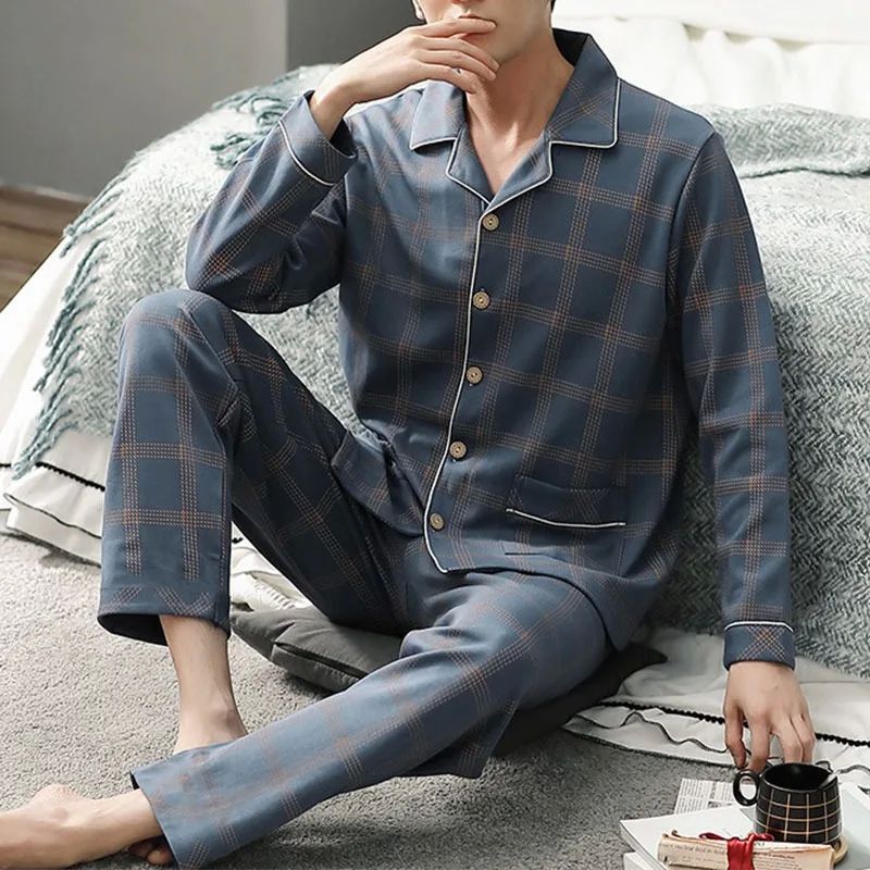 New Arrival Man Pajama Cotton Lapel Long Sleeved Pants Plus