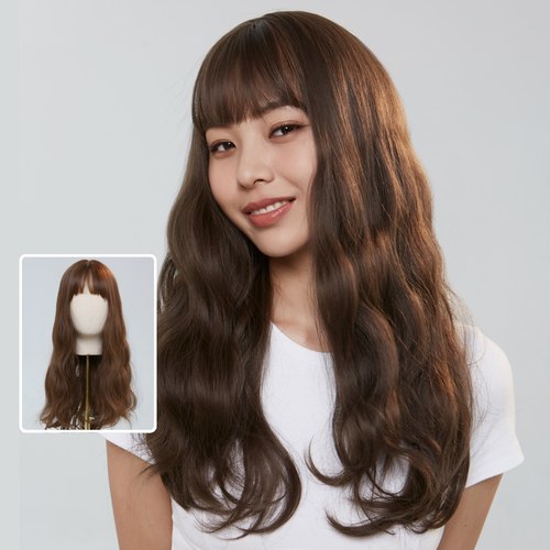 亚麻色齐刘海卷发假发全头大波浪