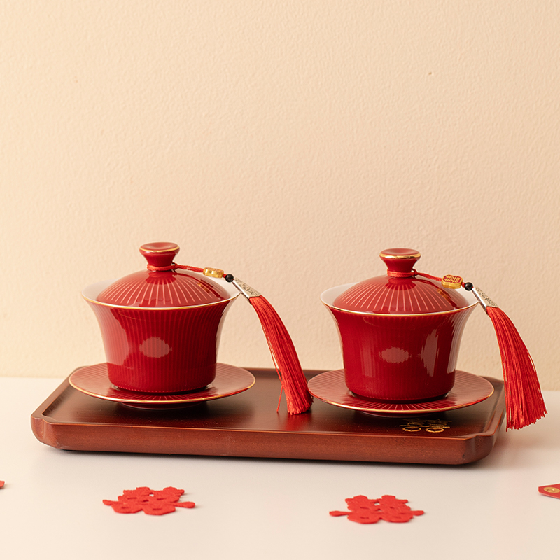 结婚敬茶杯婚庆用品大全女方改口茶碗一对新婚礼物送新人陪嫁盖碗