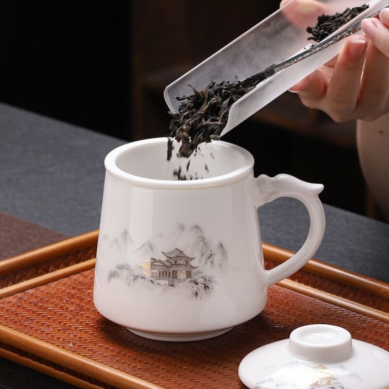 盖杯杯带盖分离陶瓷带茶水茶杯办公茶具手柄泡茶羊脂玉高颜值水杯