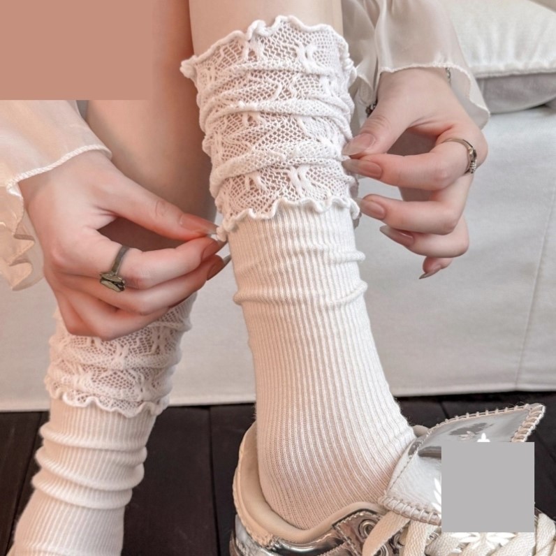 蕾丝花边袜子女小腿袜春秋款白色靴袜纯色芭蕾风长筒腿袜配小皮鞋