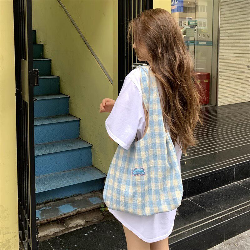 韩系手提袋ins格子帆布包女休闲百搭托特包大容量上课通勤单肩包