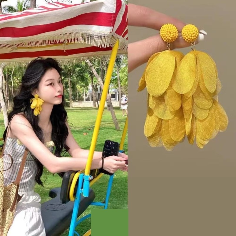 黄色耳饰度假风黄色花瓣流苏耳环女显脸小海边耳饰夸张2025新款