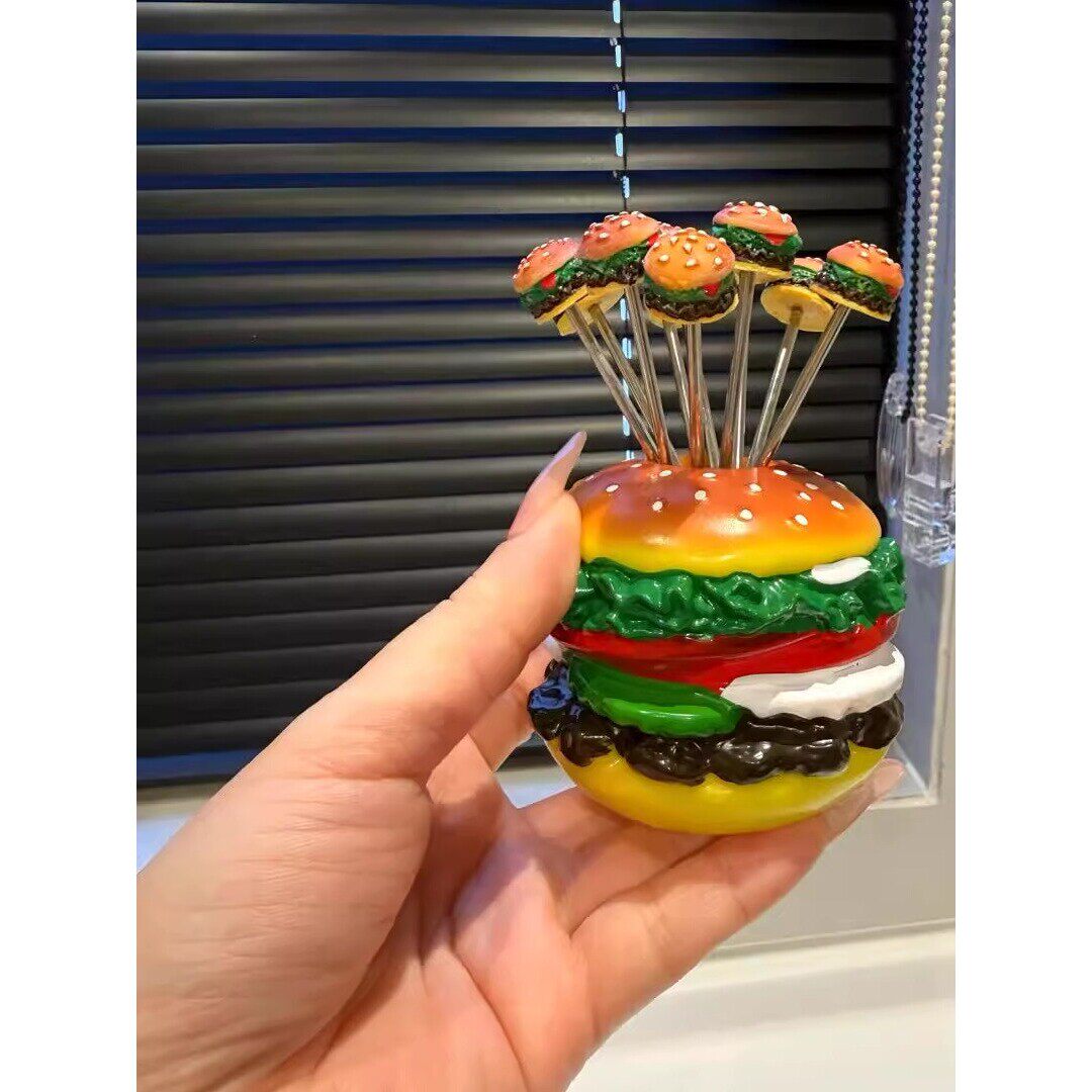 可爱麦当劳汉堡水果叉套装家用儿童蛋糕甜品零食小叉子收纳罐摆件