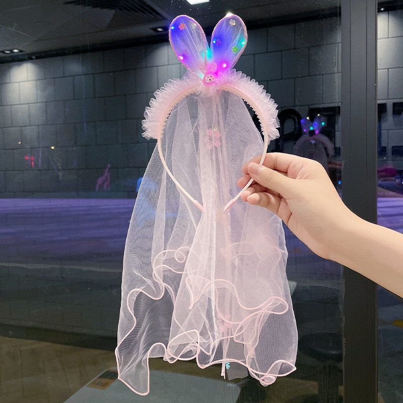 夏季发光带灯闪灯兔耳朵儿童公主发箍头纱发卡小女孩发饰女童头饰
