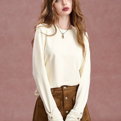 妖精2025春秋新款美式复古白色细闪半高领宽松长袖T恤女上衣潮