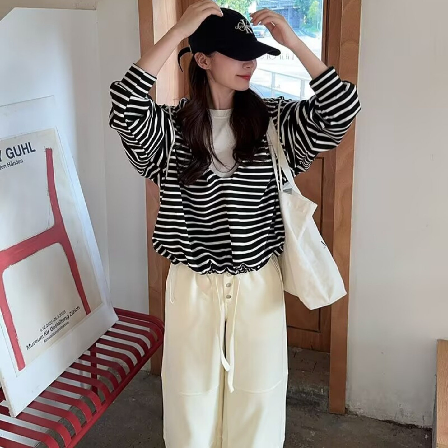 时尚假两件条纹连帽卫衣女2025新款宽松韩版学院风黑白条纹上衣