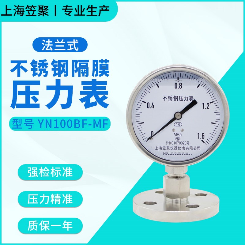 上海笠聚 法兰式不锈钢耐震隔膜压力表YN100BF-MF 1.6MPa 耐腐蚀