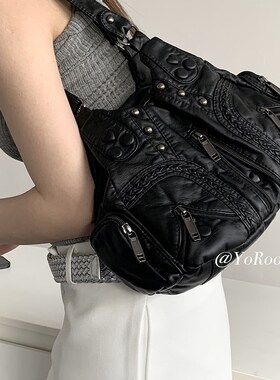 YoRoooi 黑色复古多口袋拉链机车包日常通勤高级百搭斜挎单肩包
