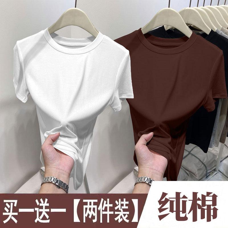 纯棉圆领上衣女夏季简约短袖T恤