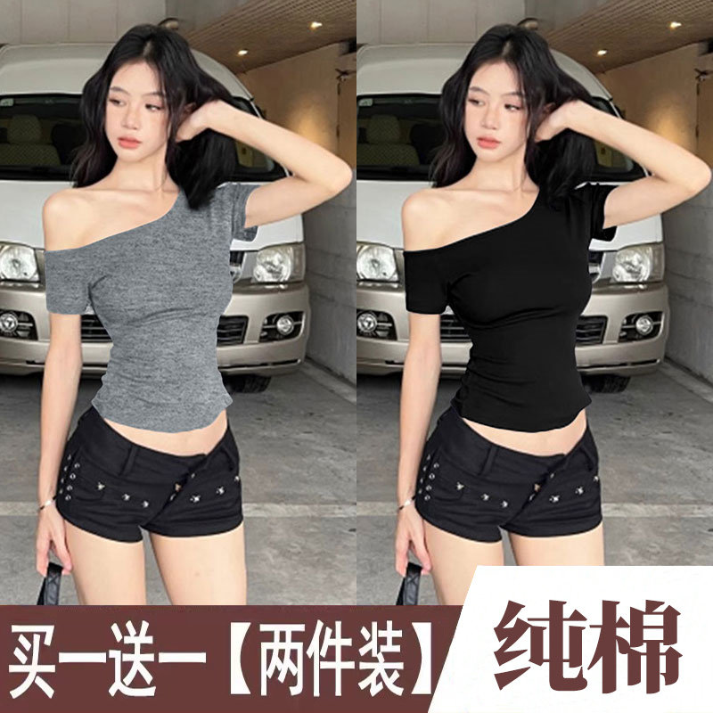 纯欲风辣妹露肩短袖t恤修身上衣