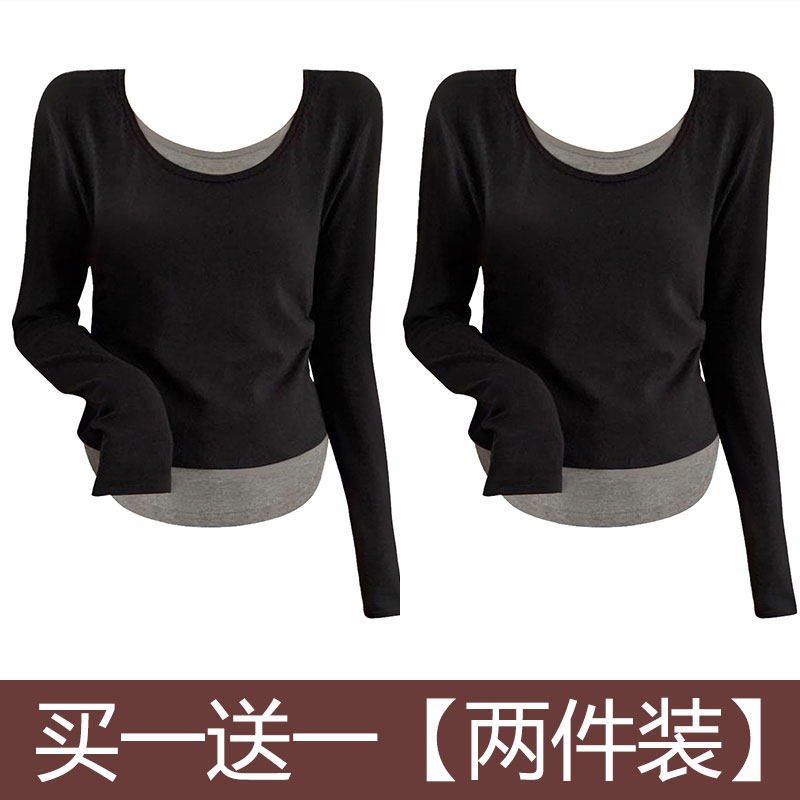 单/两件秋冬季大码假两件正肩长袖t恤女小众设计感百搭褶皱上衣女