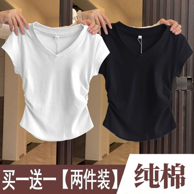 正肩v领短袖t恤夏季纯欲短款上衣