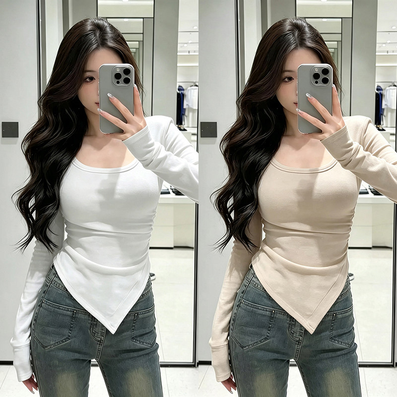 双面德绒u领长袖t恤女秋冬打底衫