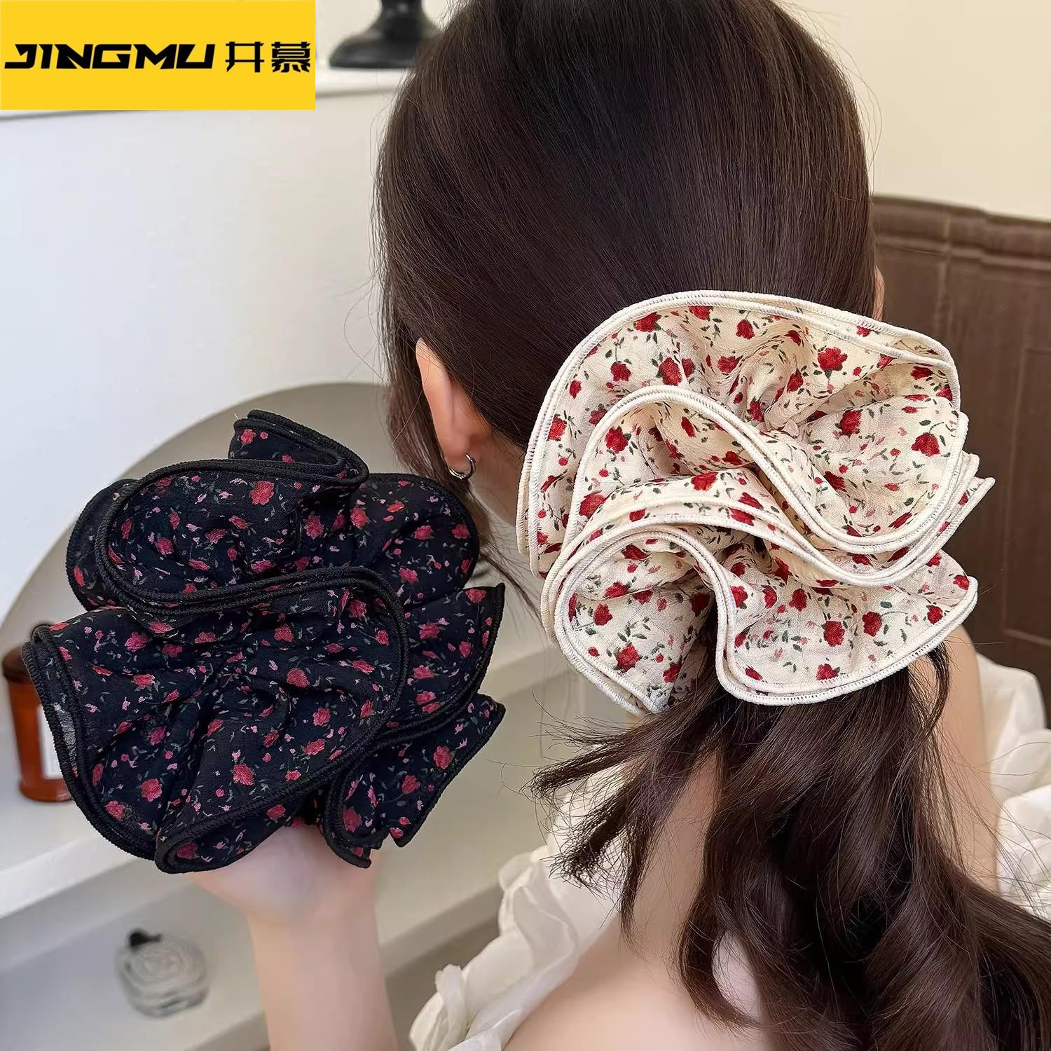 井慕~四层褶皱木耳边玫瑰印花大肠发圈高级感布艺头绳简约韩系气