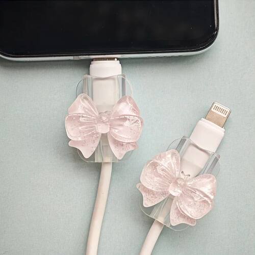 2Pcs Lovely Pink Bow Silicone Charger Cable Protector