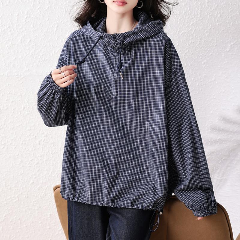MONLOUVE大码时尚宽松衬衫格子连帽衬衫女装2025秋季新款胖mm气质