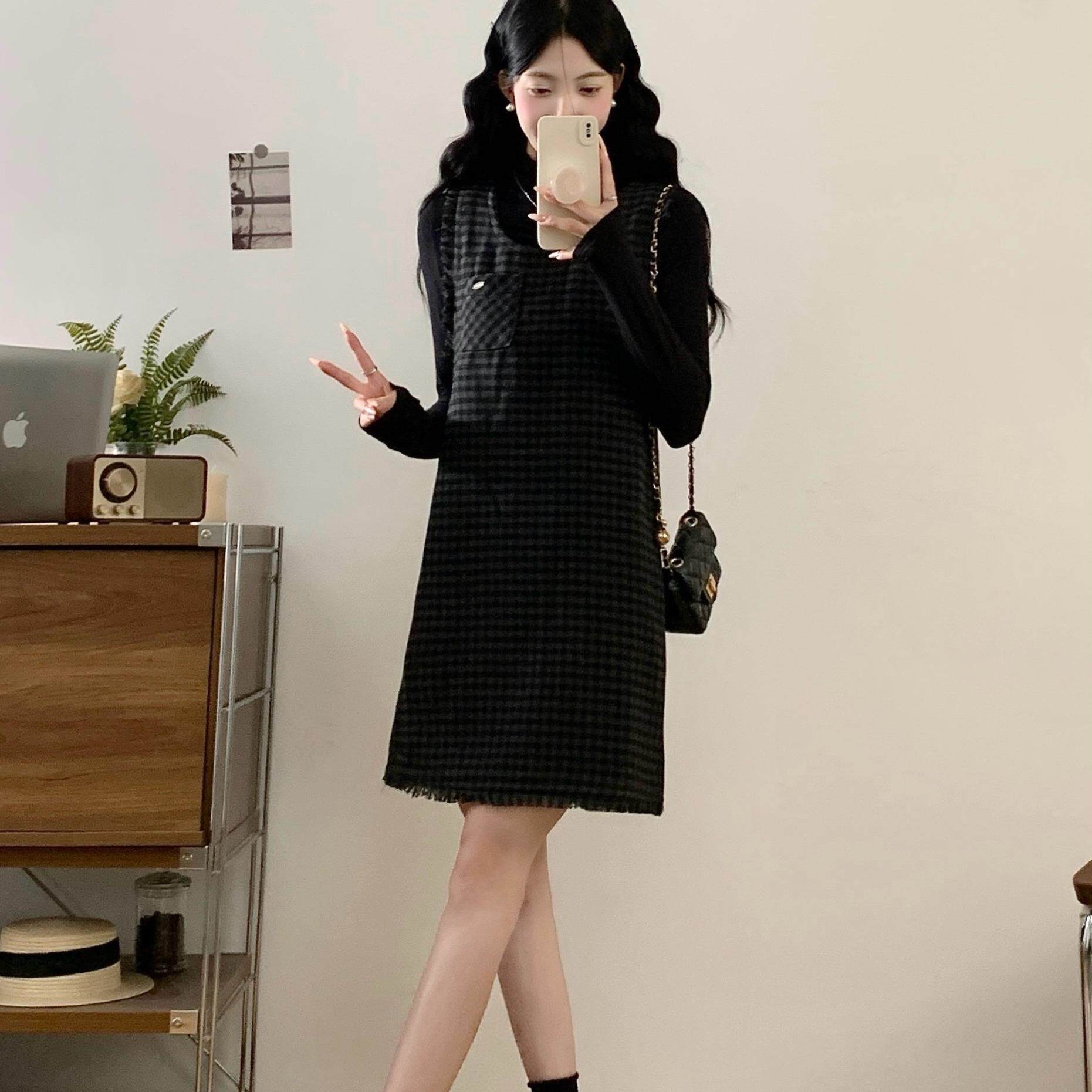 MONLOUVE大码女装2025秋冬新款胖mm小香风格子背心连衣裙高领打底