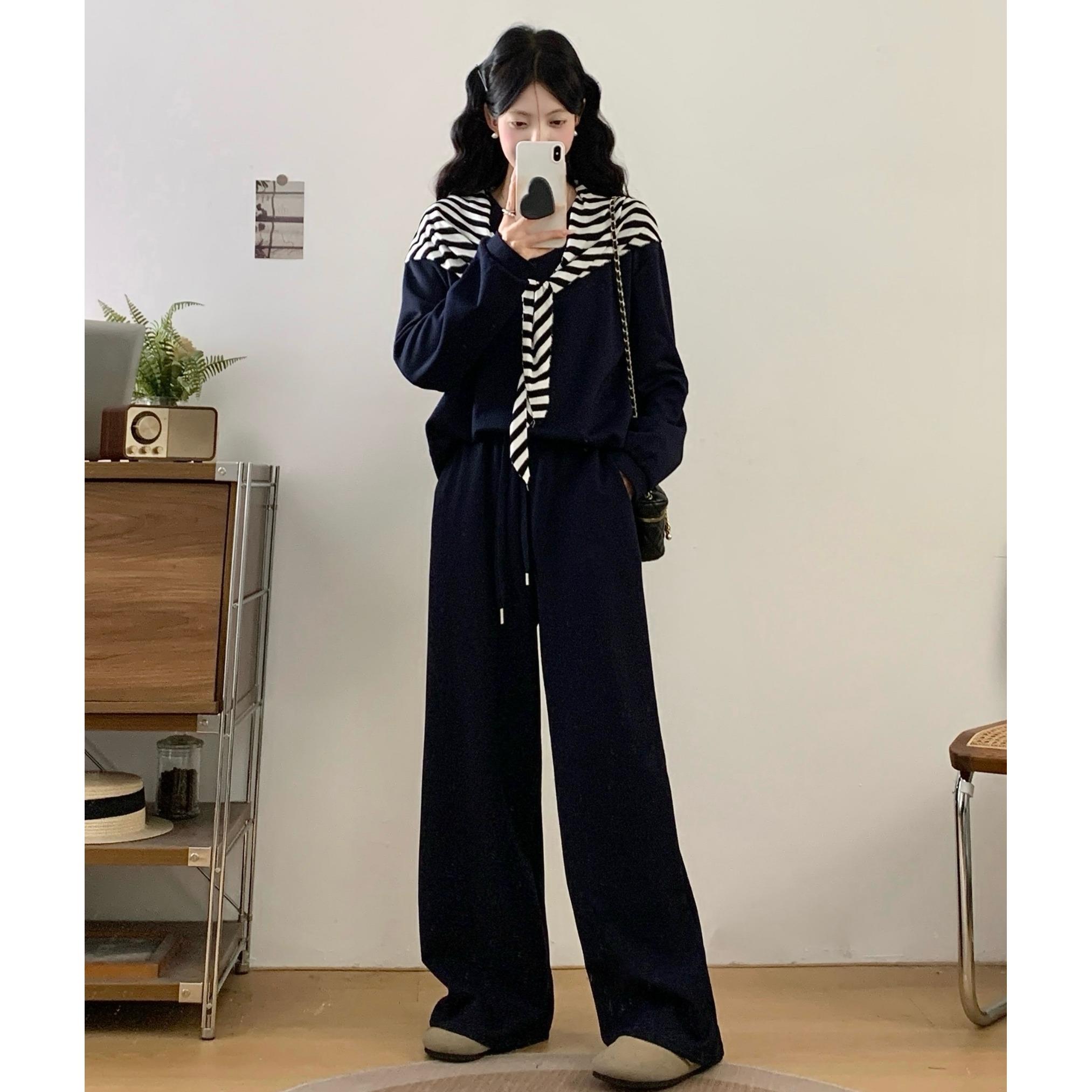 MONLOUVE大码韩版时尚套装女2025秋新款胖mm休闲上衣阔腿裤条纹披