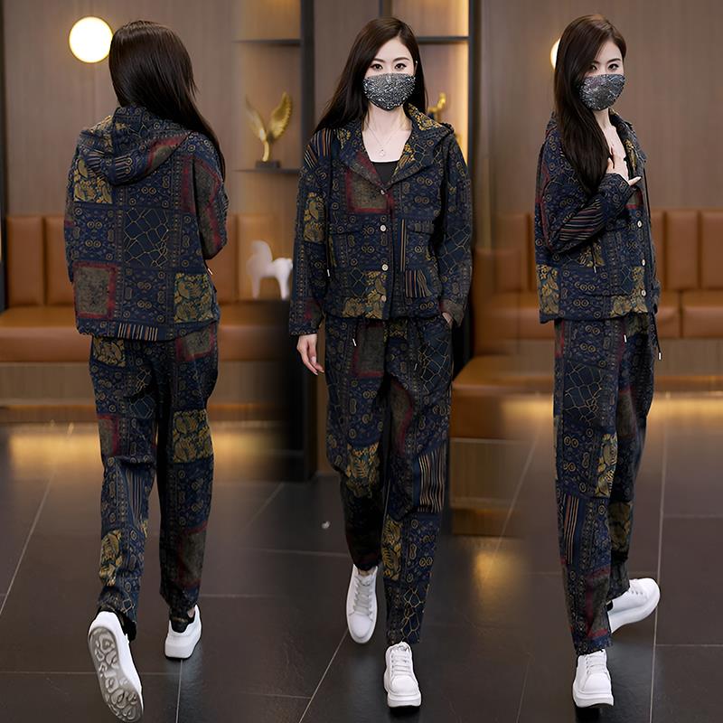 MONLOUVE大码洋气高贵妈妈套装女2025秋新款胖mm连帽开衫上衣休闲