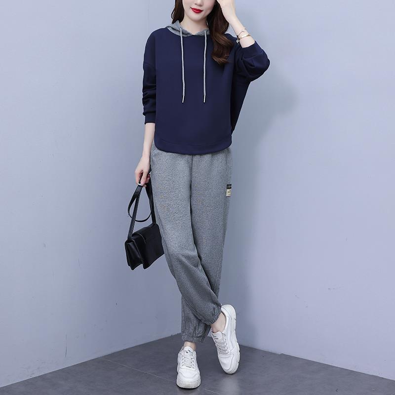 MONLOUVE大码休闲运动套装女2025秋新款胖mm时尚洋气连帽卫衣九分