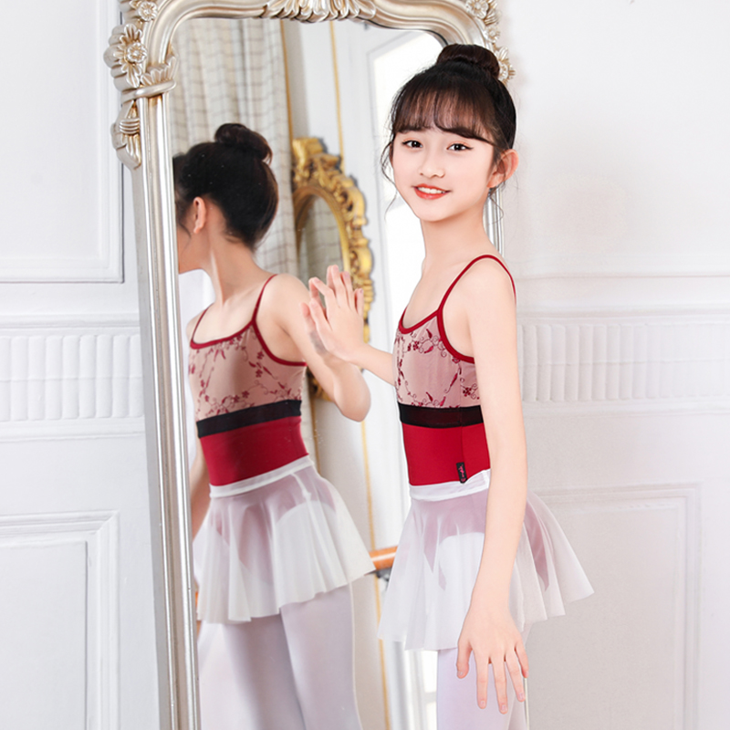 大童刺绣体操服开档新款红色舞蹈