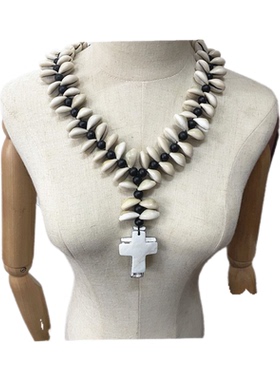 中古monies时尚潮流天然贝壳木珠穿搭复古做旧十字架挂件项链