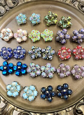 中古vitage时尚潮流复古金箔琉璃手工编织铜耳夹新款饰品