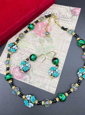 中古nintage穆拉诺琉璃复古花朵立体优雅小清新甜美夏季项链套装