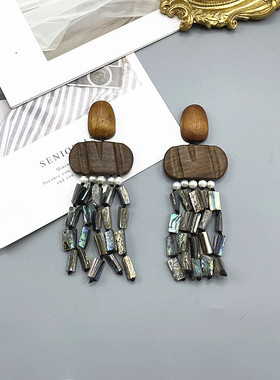 中古monies时尚潮流新款设计多层流苏淡水鲍鱼贝长款耳环贝壳