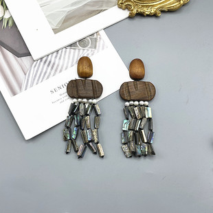 中古monies时尚潮流新款设计多层流苏淡水鲍鱼贝长款耳环贝壳