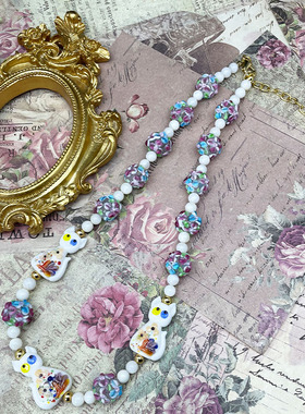 中古vintage花朵穆拉诺琉璃猫咪复古时尚可爱甜美清新手工项链