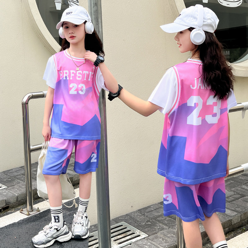 女童篮球服夏季儿童粉色23号詹姆斯球衣速干运动套装假两件短袖潮