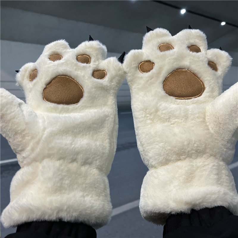 可爱熊掌手套女冬季韩版加厚加绒保暖毛茸茸情侣男冬挂脖全指冬天