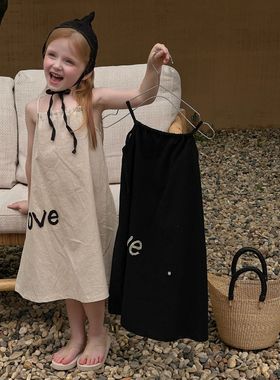 otaly2023夏季新品韩国女童棉麻吊带裙韩系ins儿童字母绣花连衣裙