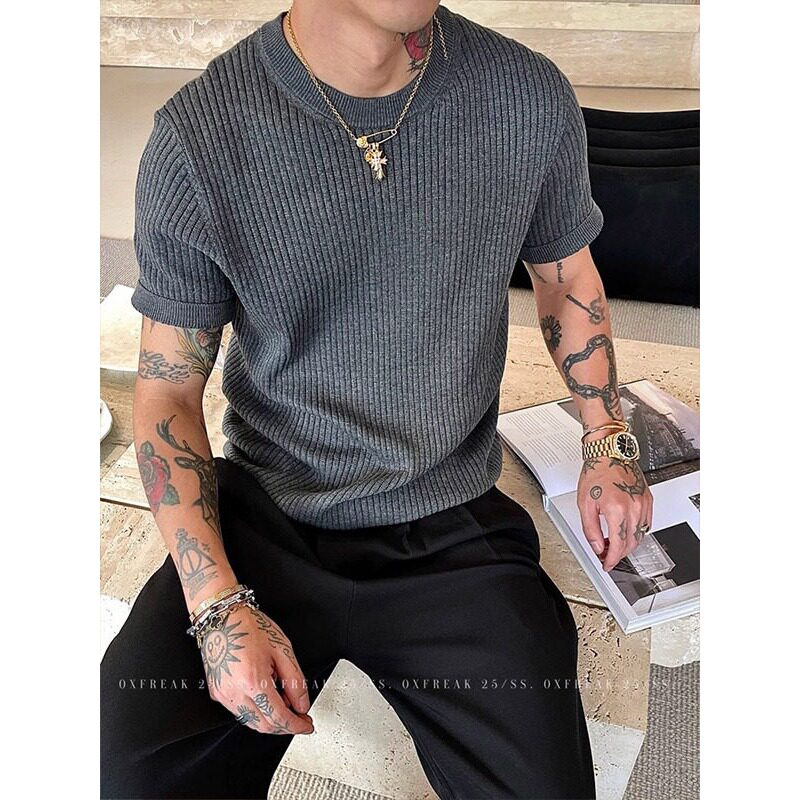 老钱风坑条针织正肩短袖男士夏季薄款弹力冰丝T恤老钱风显瘦打底