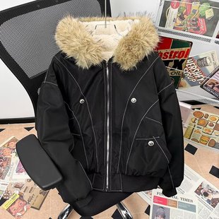 情侣棉衣 毛领连帽短款 美式 复古加绒座山雕派克棉服外套男女冬季