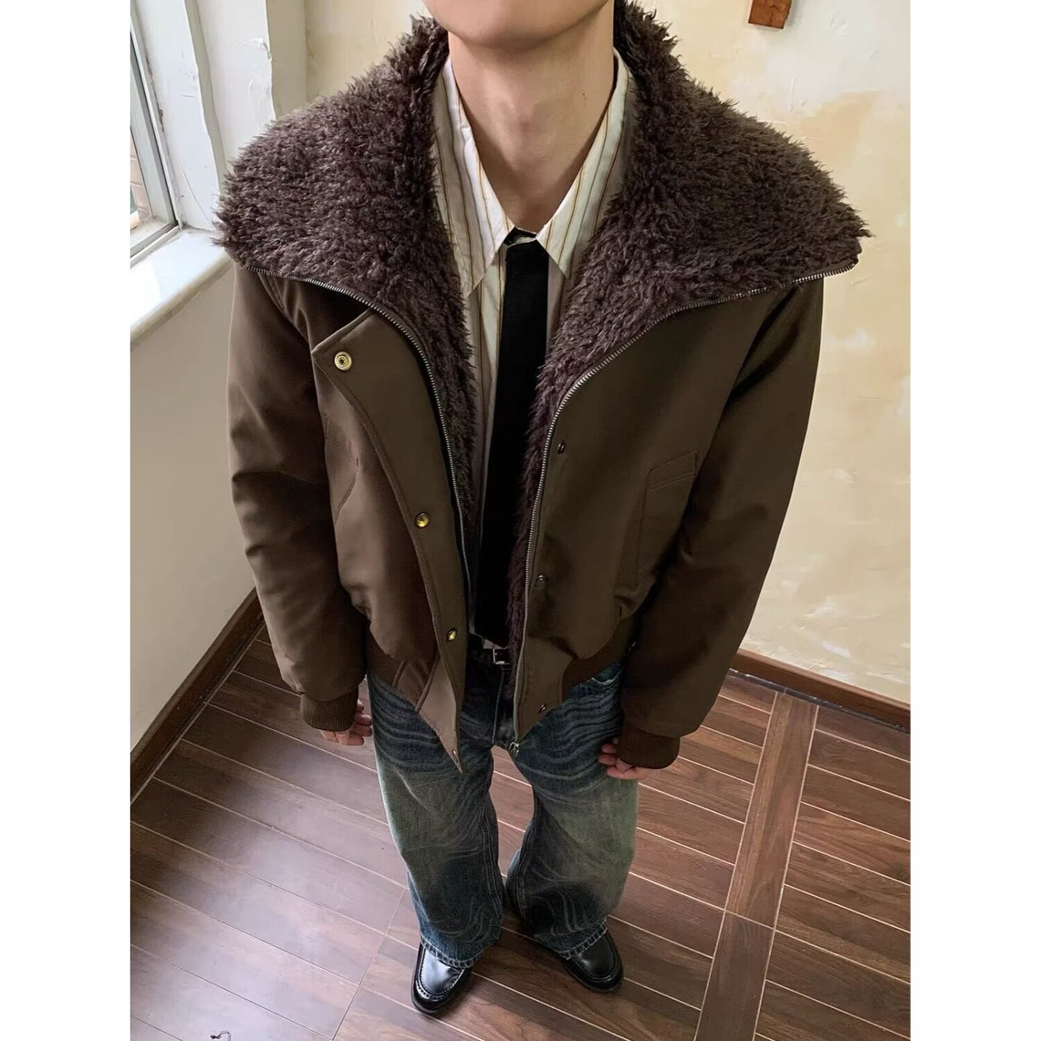 2025翻领毛领截短廓形宽松夹棉外套冬季男女加厚飞行员夹克棉服