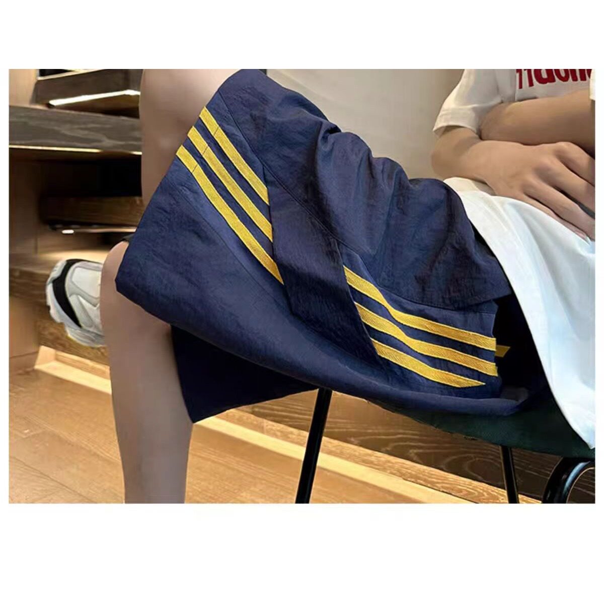 藏青黄条纹速干短裤男夏季复古直筒宽松五分裤美式潮牌篮球运动裤