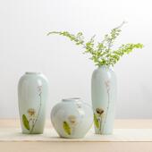 景德镇陶瓷手绘莲花小花瓶茶室摆件干花水培插花器客厅三件套装 饰