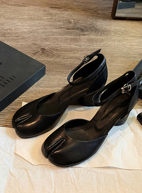 JW stylish 羊皮玛丽珍黑色分趾鞋女 粗跟中跟单鞋浅口猪蹄鞋子