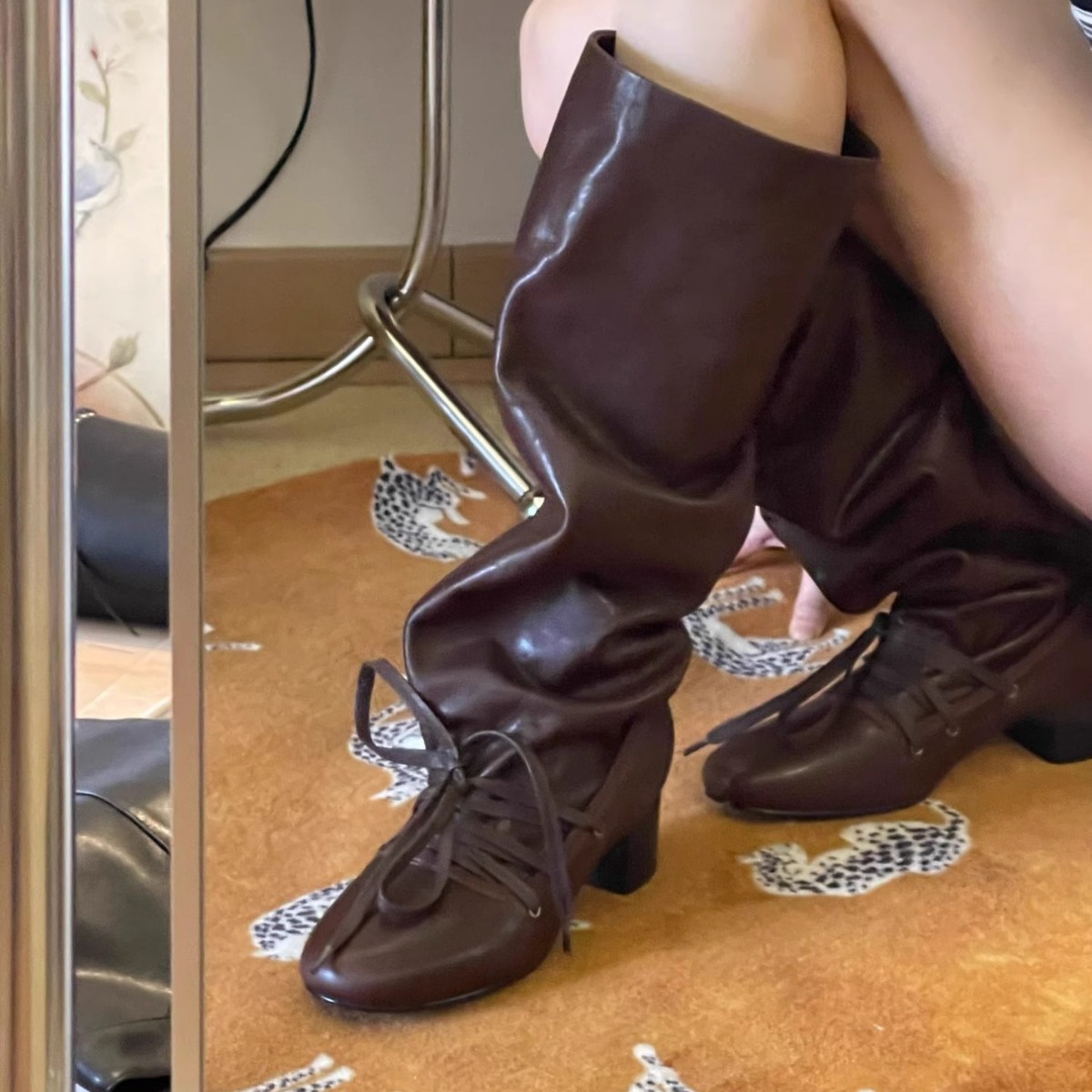 JW stylish 复古绑带堆堆靴子女 设计感裤筒靴中筒靴系带骑士靴子