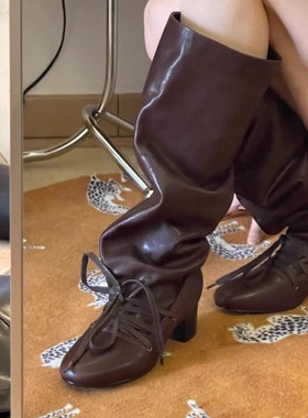 JW stylish 复古绑带堆堆靴子女 设计感裤筒靴中筒靴系带骑士靴子