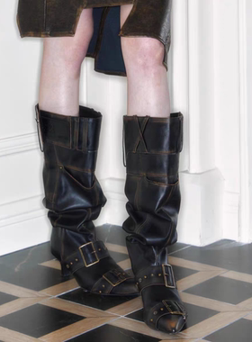 JW stylish 复古尖头大筒围堆堆靴子时尚擦色骑士靴小高跟长筒靴