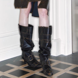 擦色骑士靴小高跟长筒靴 复古尖头大筒围堆堆靴子时尚 stylish
