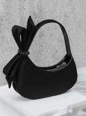 JW stylish 赫本风黑色腋下包蝴蝶结月牙包 新月包百搭手提包包女