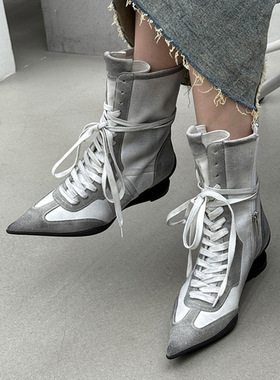 JW stylish 复古做旧设计尖头骑士靴女 秋季擦色马丁靴绑带短靴子